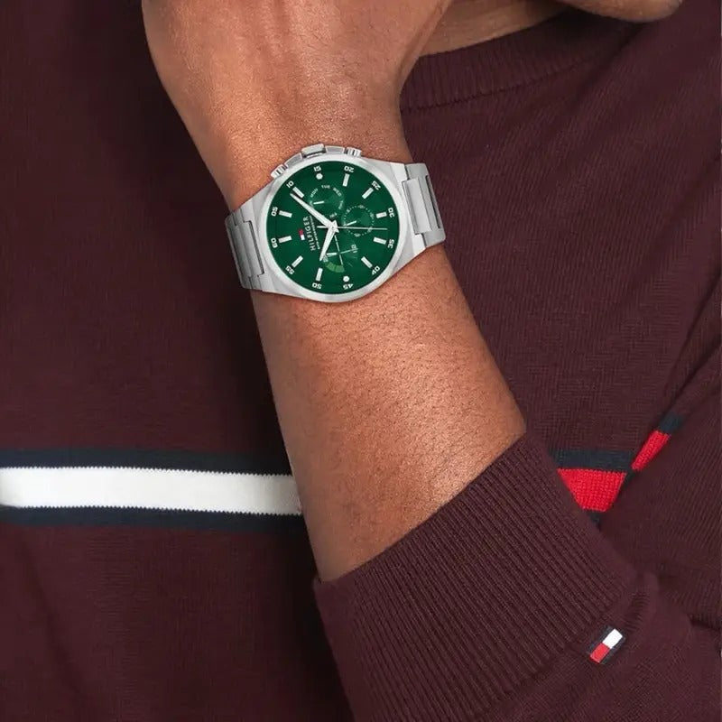 Tommy Hilfiger original Men's silver balloon watch with Green balloon dial Model 1792088