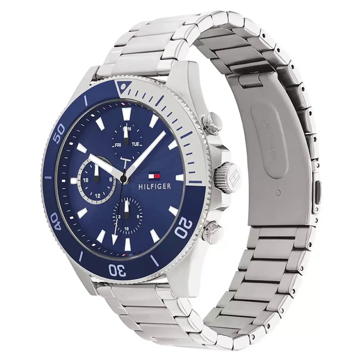 Original Tommy Hilfiger Men's watch Larson model size 45, blue dial, stainless steel, blue and silver