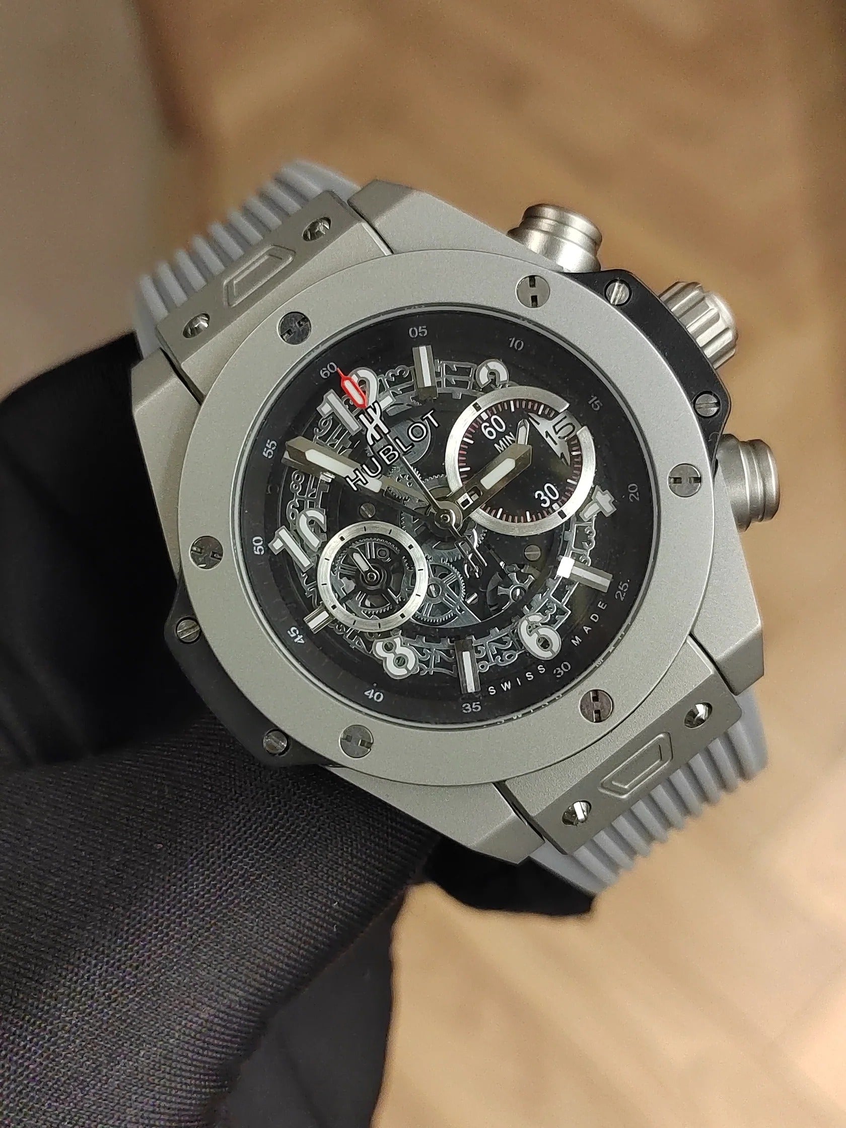 Hublot watch with gray dial and gray rubber strap